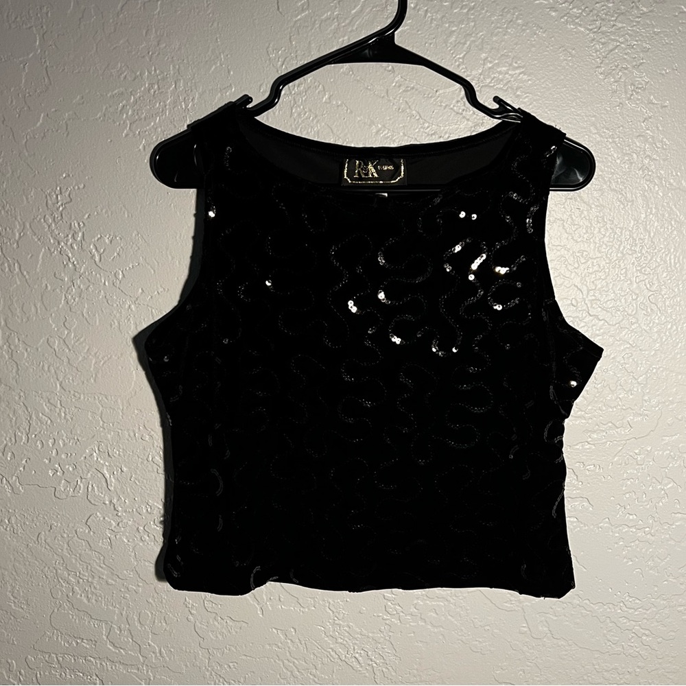Vintage Black Velvet Sequin Tank Top Size 14